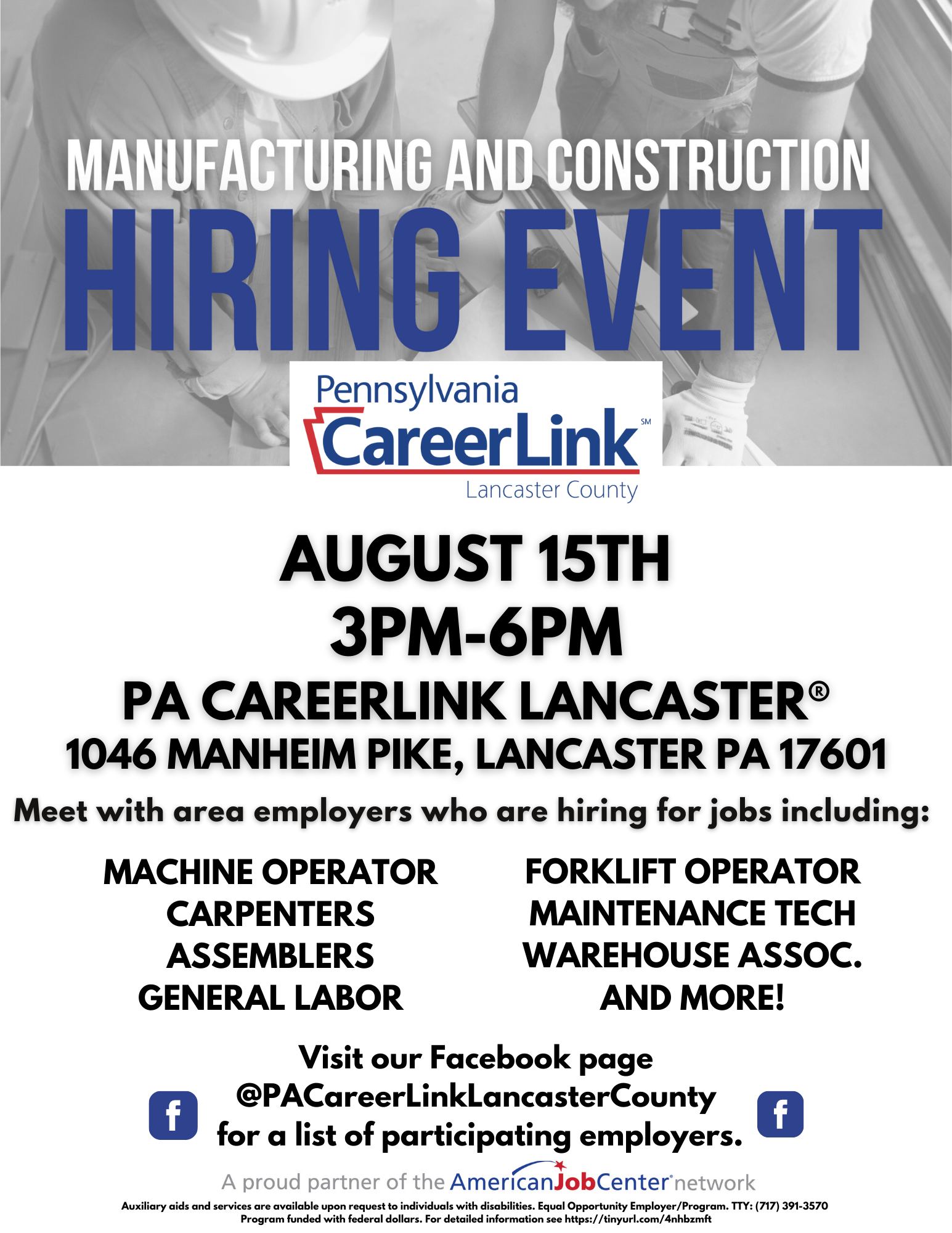 August 15th Hiring Event with CMS at Lancaster Career Link Construction Masters Services